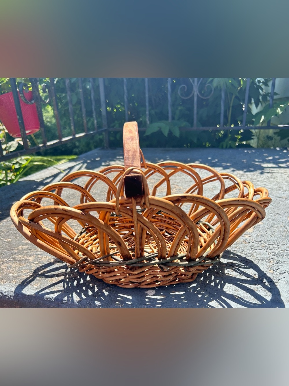 Vintage Open Weave Wicker Gathering Basket W/ Wood Handle 15.5" x 10"